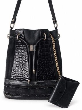 Vintage Due Fratelli Black Genuine Leather Croc Embossed Bucket Bag with Pouch